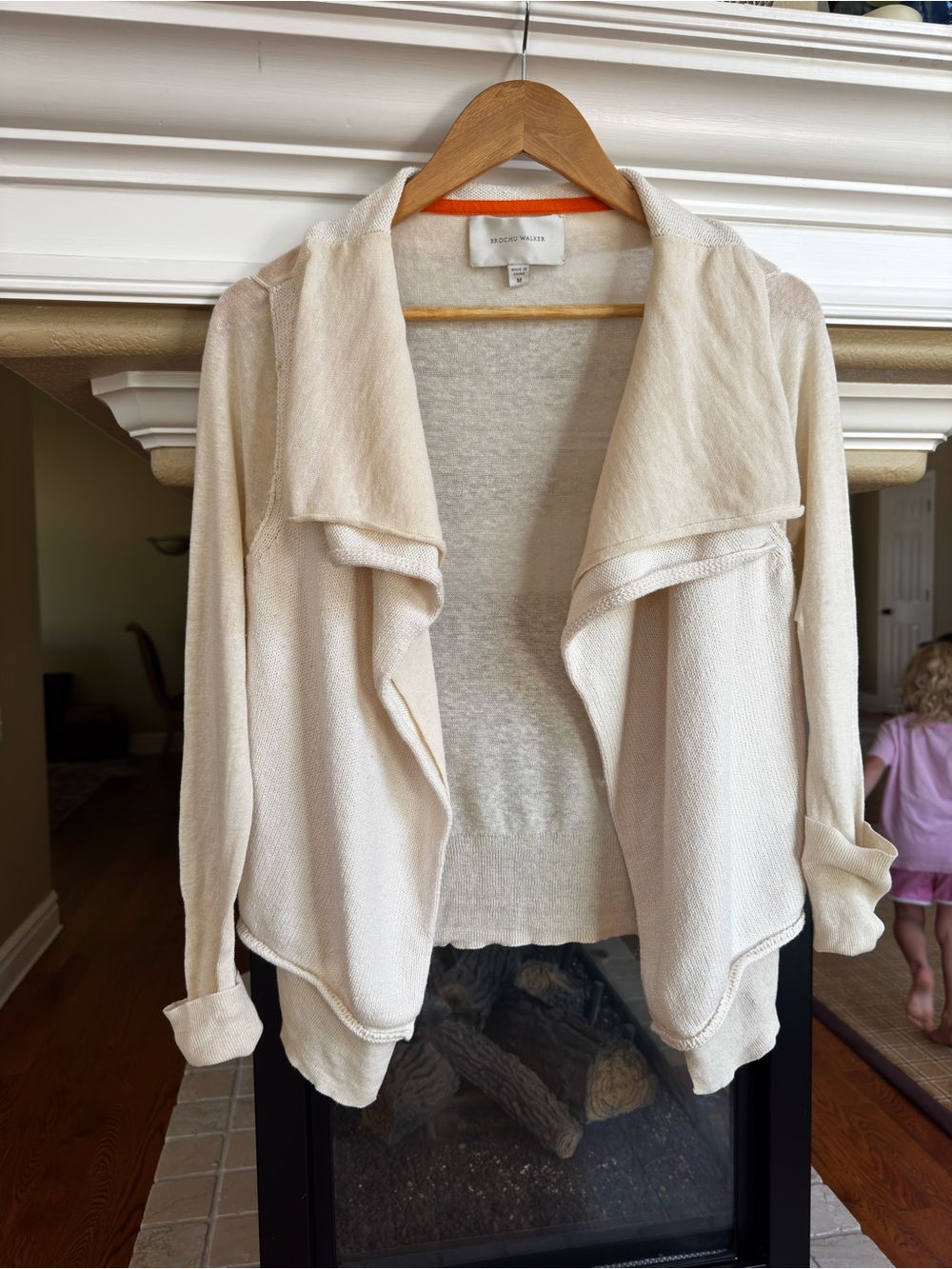 Brochu Walker Cream Cotton Linen Layered Open Front Cardigan Medium
